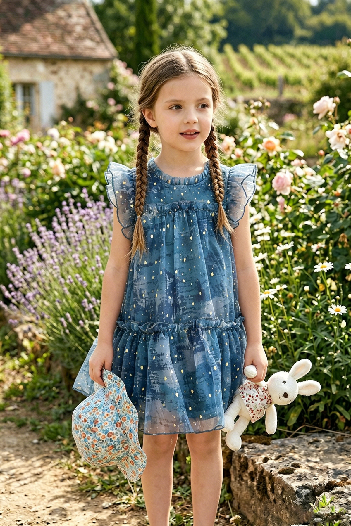 Blue-Gray Chiffon Printed Round Neck Loose Dress