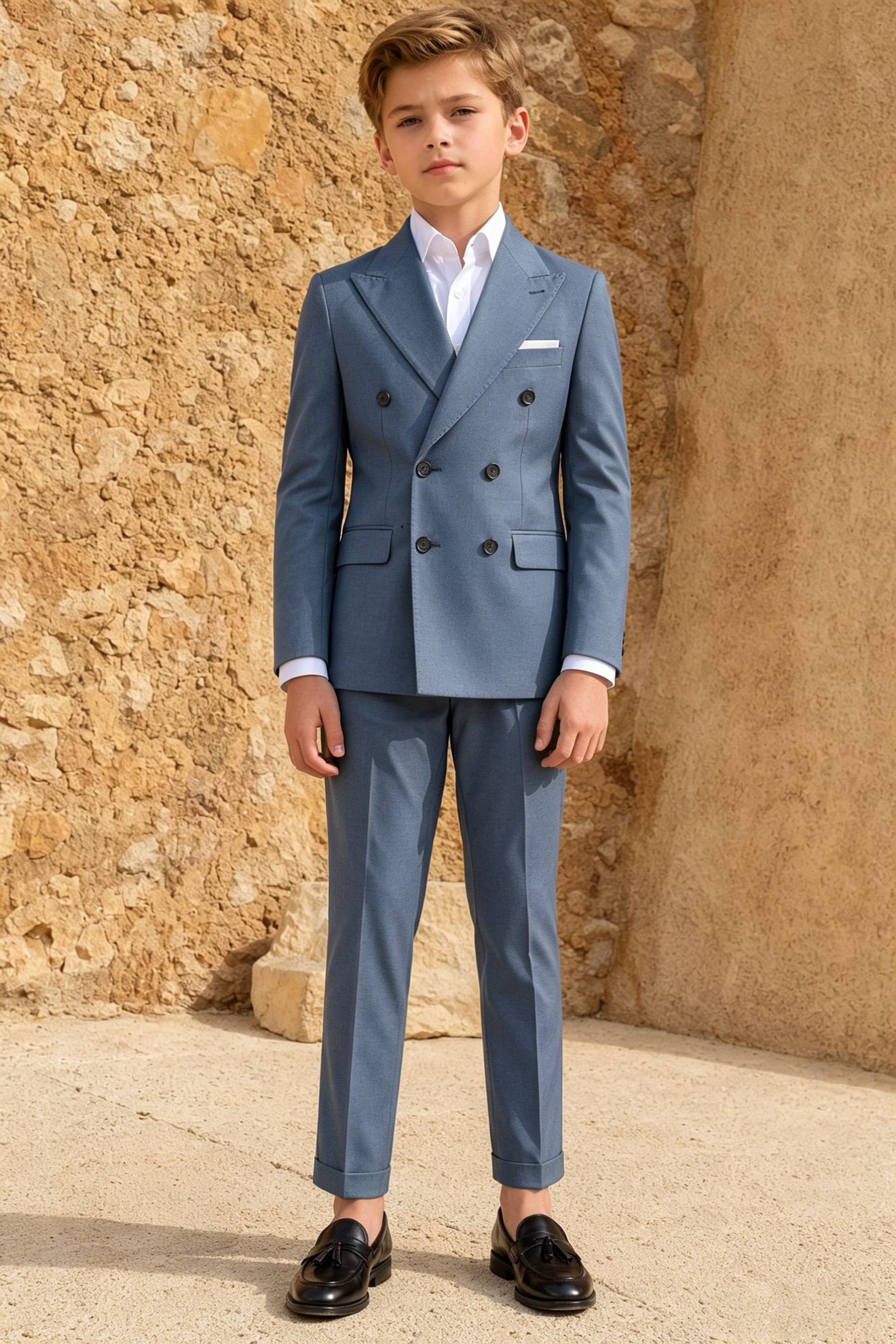 Gray-blue Serge Double-Breasted 2-Piece Suit