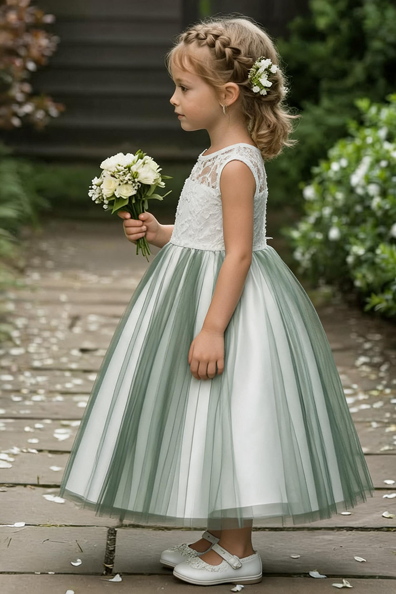 Girls White Lace & Sage Green Tulle Flower Girl Dress for Weddings