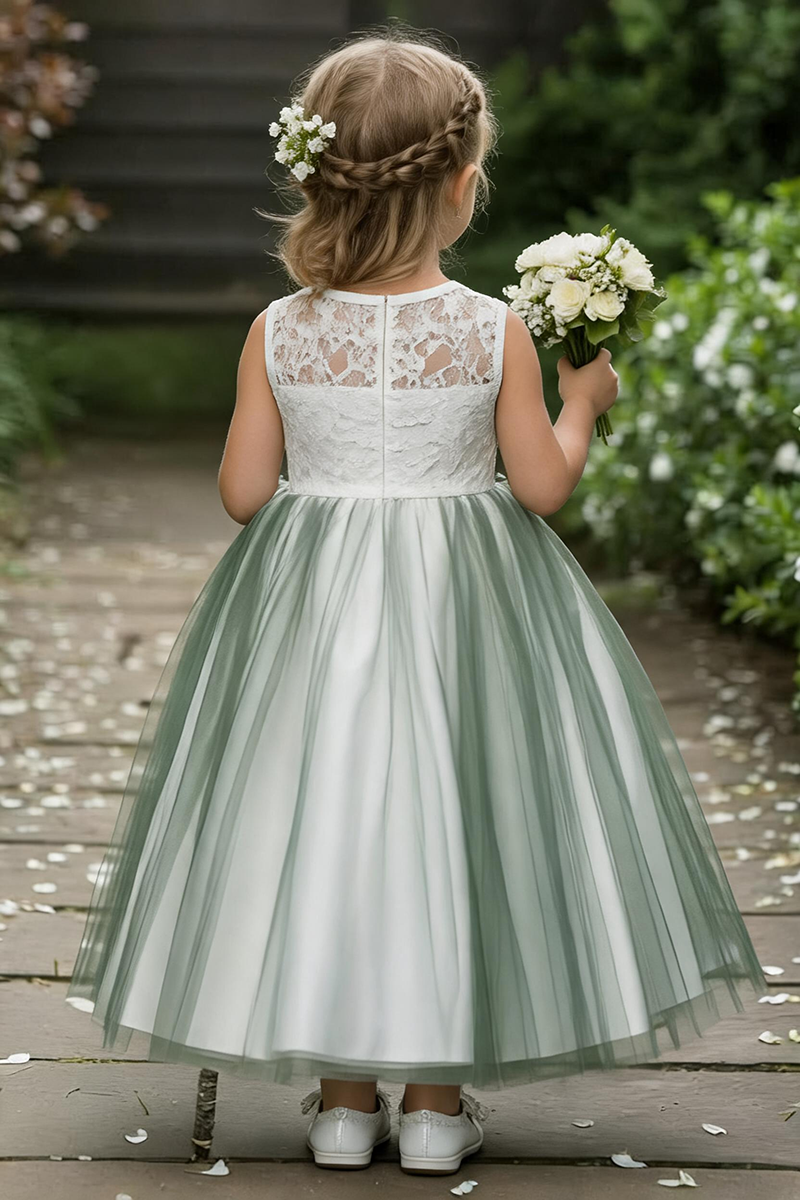 Girls White Lace & Sage Green Tulle Flower Girl Dress for Weddings