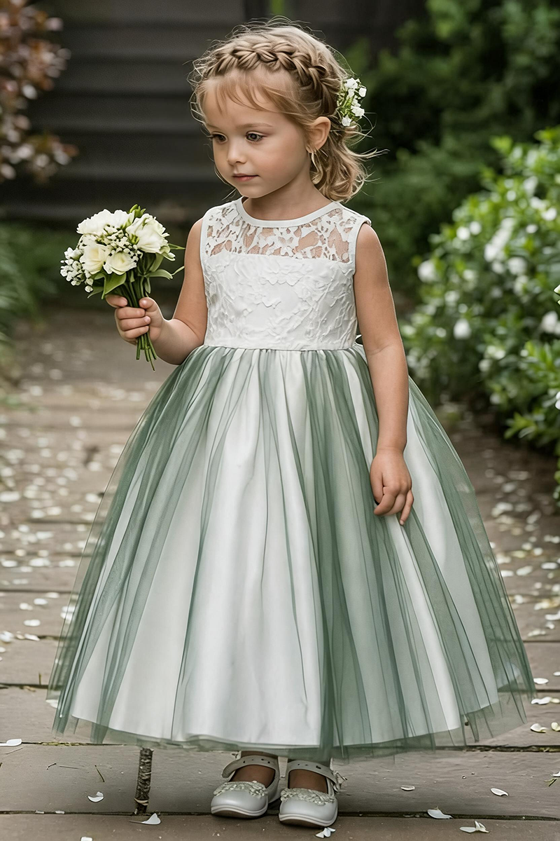 Girls White Lace & Sage Green Tulle Flower Girl Dress for Weddings