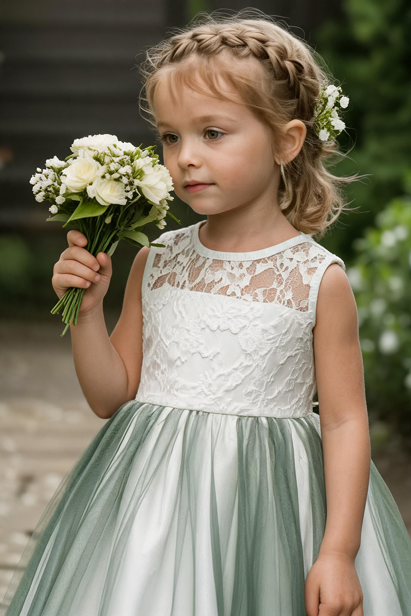 Girls White Lace & Sage Green Tulle Flower Girl Dress for Weddings