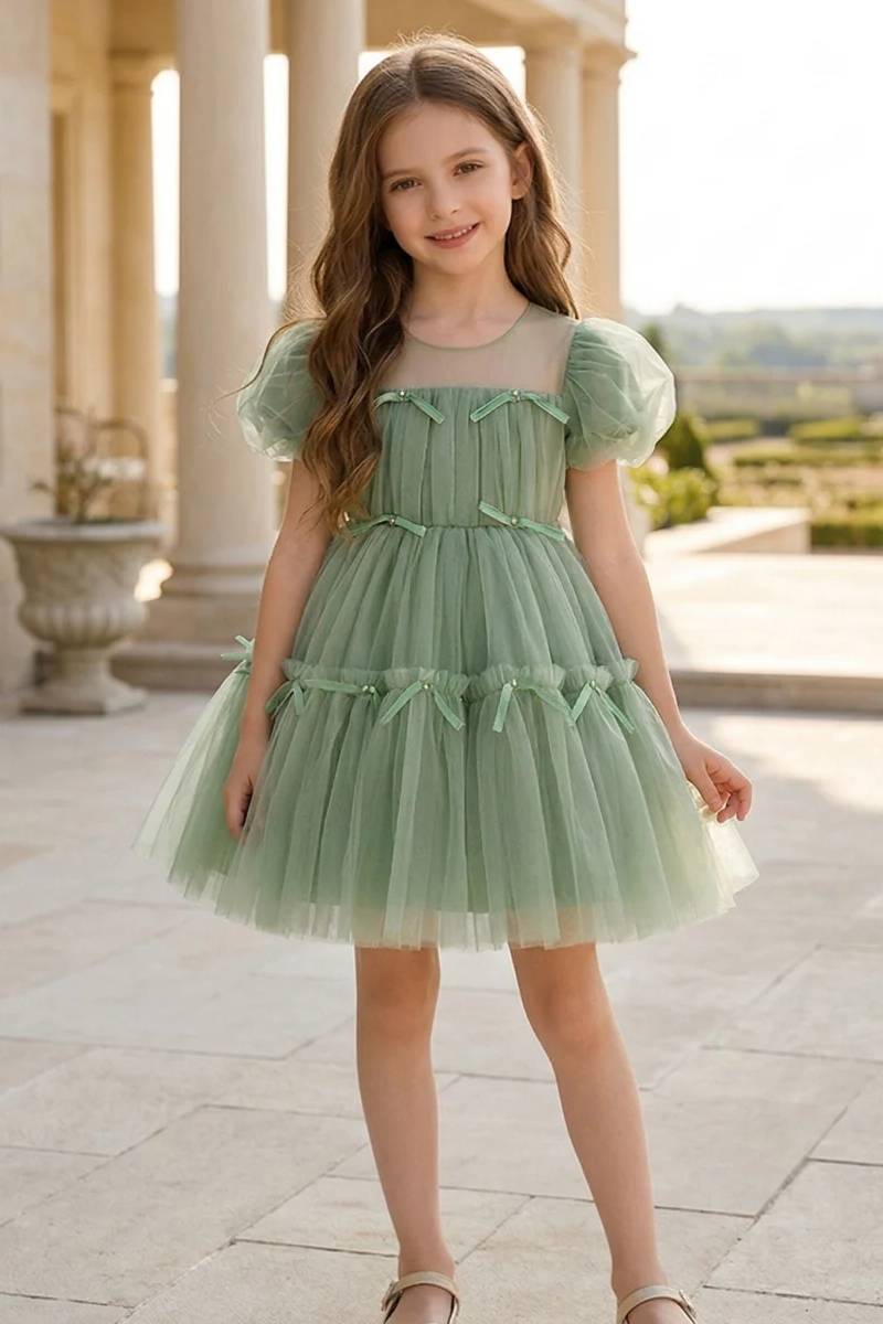 Girls Sage Green Tulle Party Dress for Weddings & Formal Events