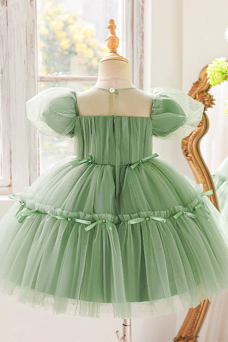 Girls Sage Green Tulle Party Dress for Weddings & Formal Events