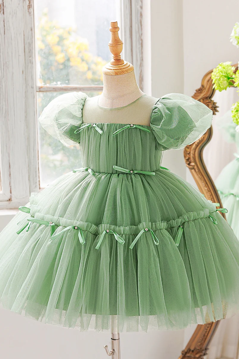 Girls Sage Green Tulle Party Dress for Weddings & Formal Events