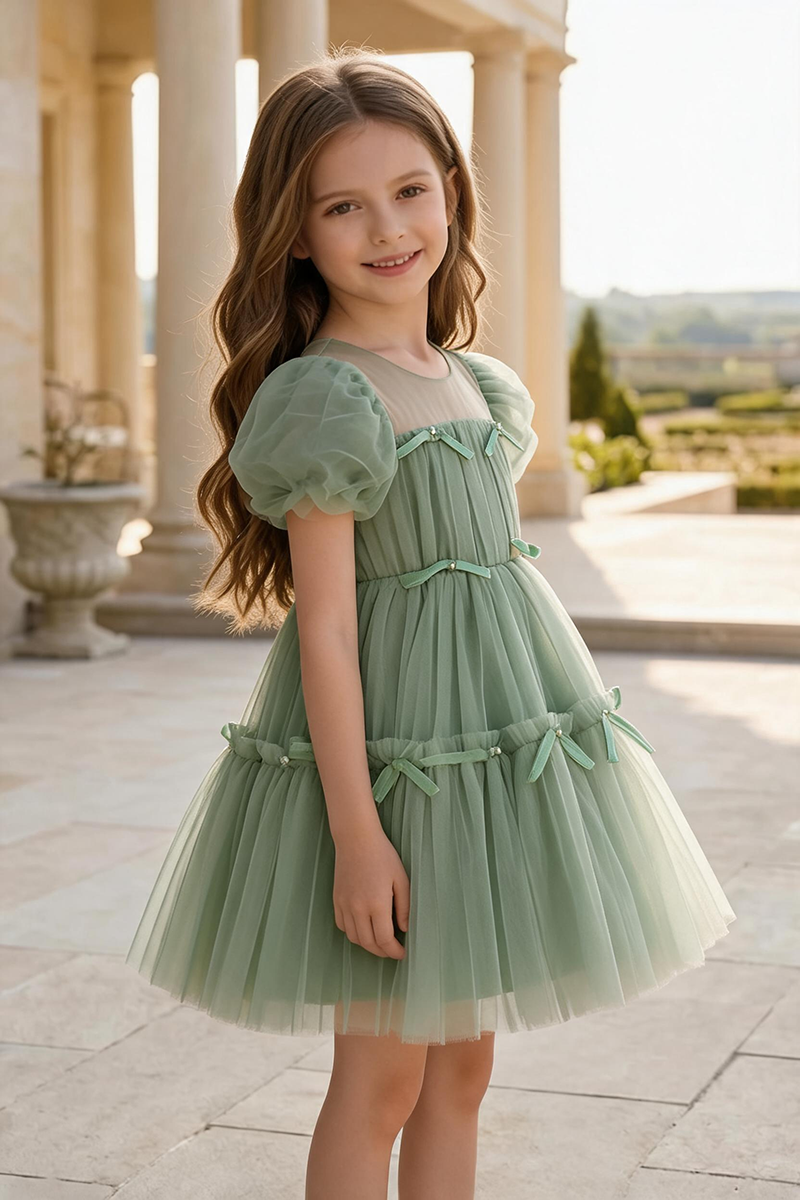 Girls Sage Green Tulle Party Dress for Weddings & Formal Events