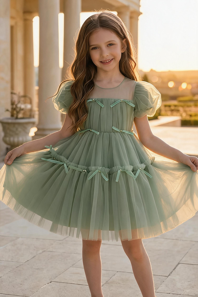 Girls Sage Green Tulle Party Dress for Weddings & Formal Events
