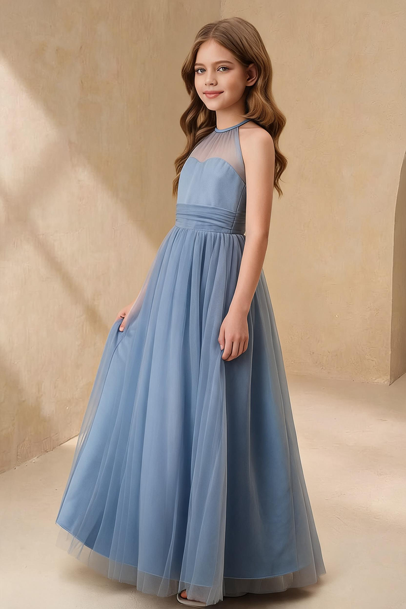 Girls Dusty Blue Halter Neck Tulle Flower Girl Dress for Weddings