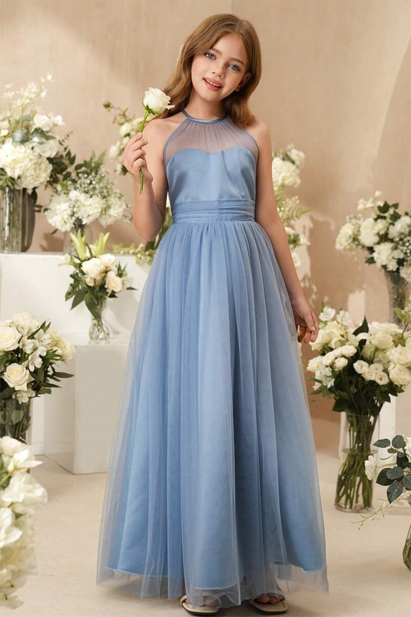 Girls Dusty Blue Halter Neck Tulle Flower Girl Dress for Weddings