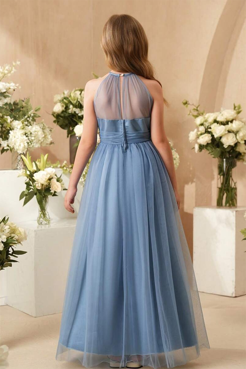 Girls Dusty Blue Halter Neck Tulle Flower Girl Dress for Weddings