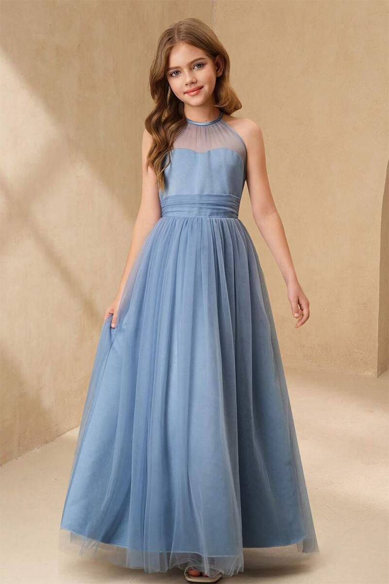 Girls Dusty Blue Halter Neck Tulle Flower Girl Dress for Weddings