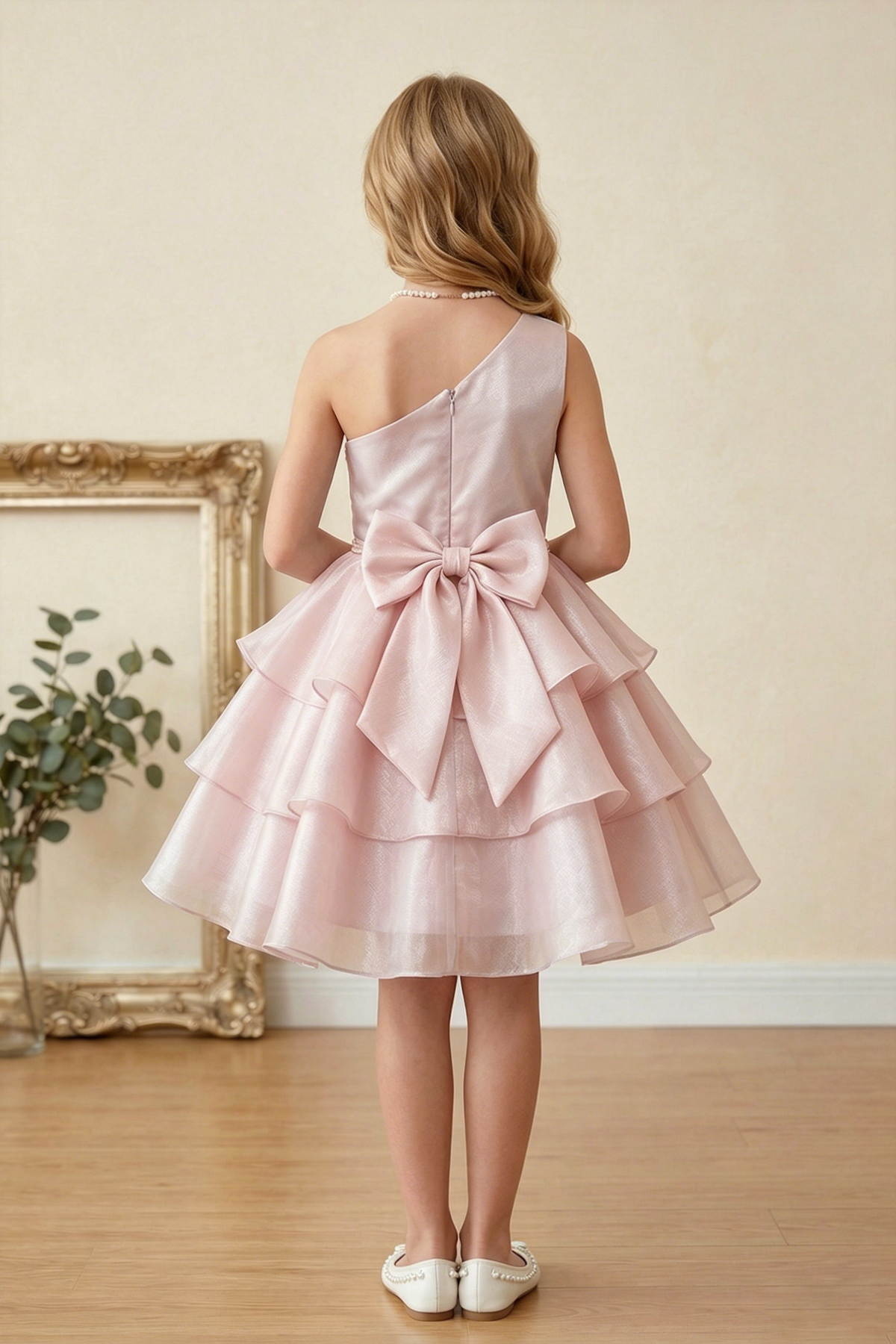 Pink Organza Pearl One-Shoulder Fitted Waist Dress