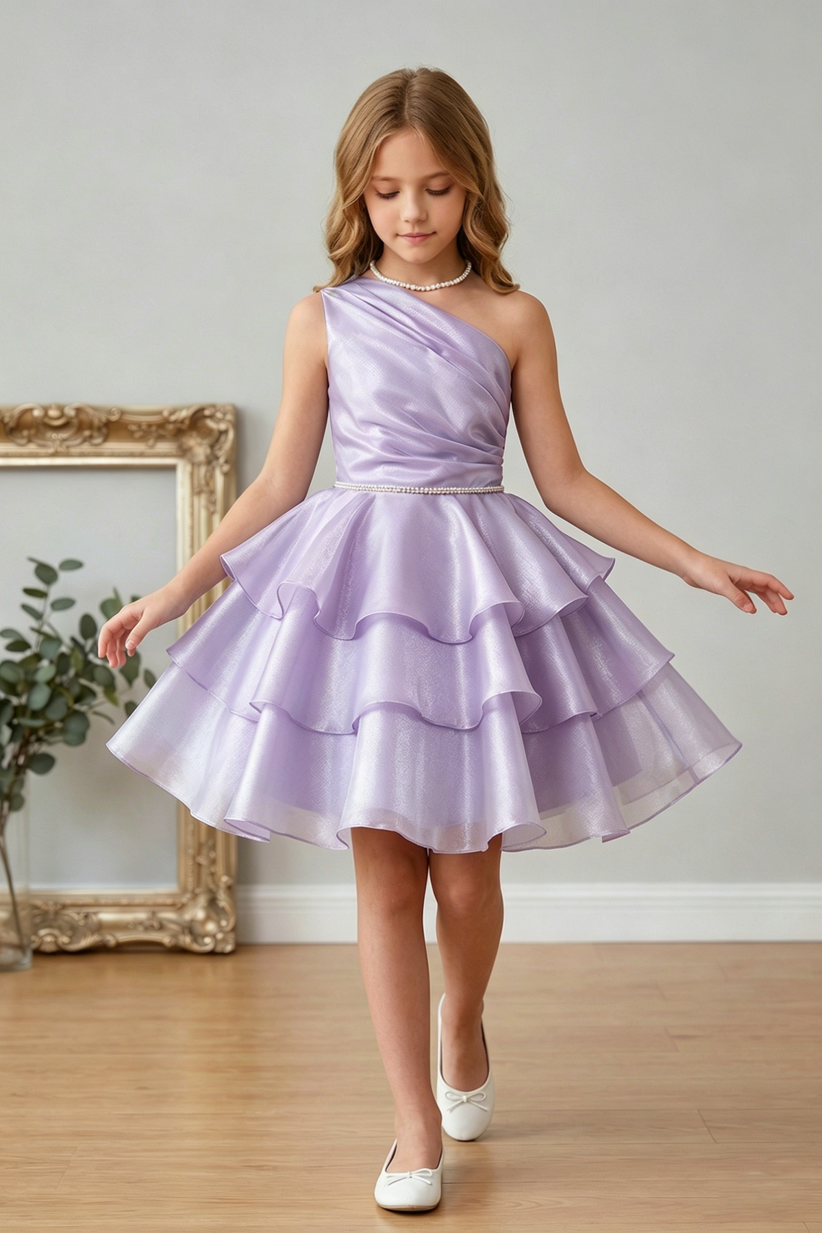 Pink Organza Pearl One-Shoulder Fitted Waist Dress