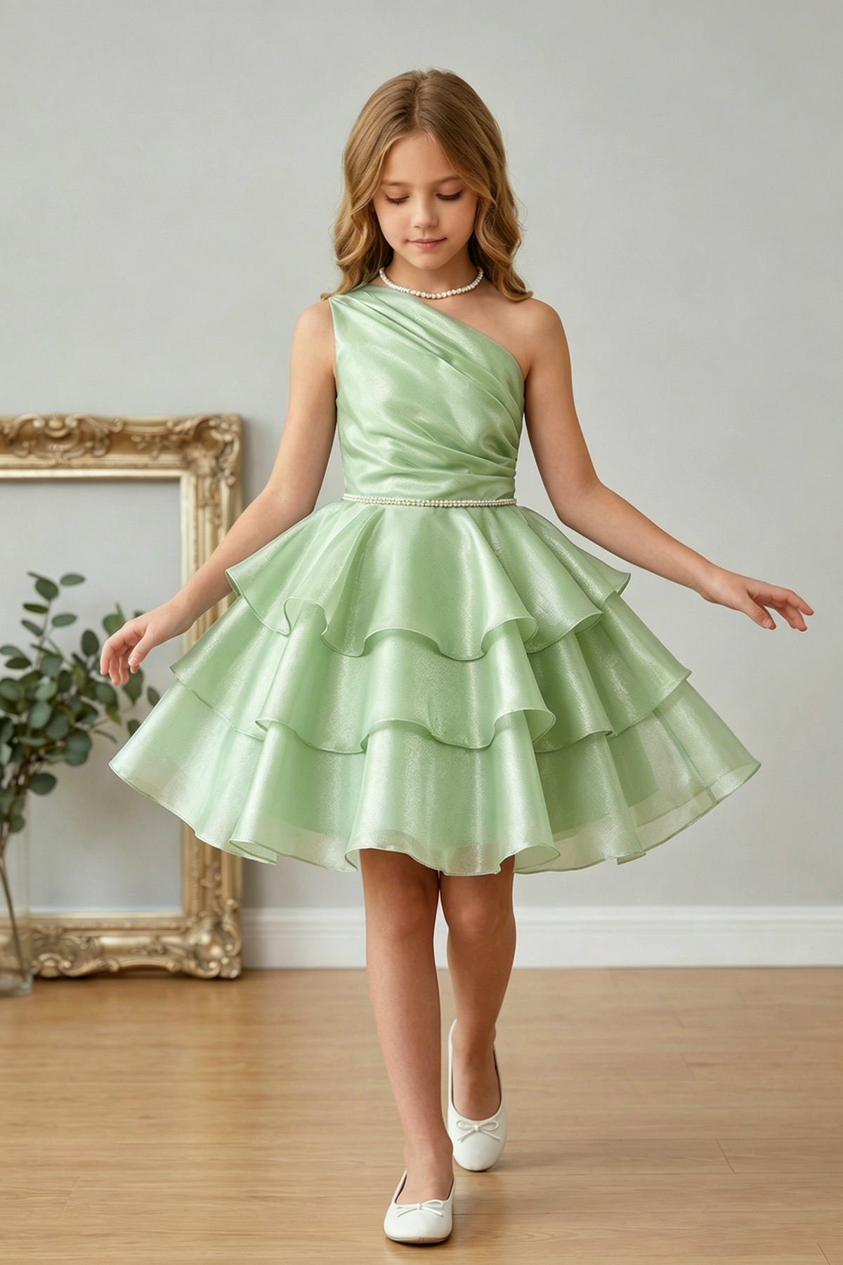 Pink Organza Pearl One-Shoulder Fitted Waist Dress