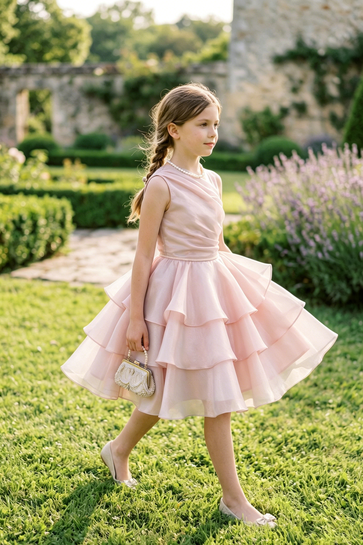 Pink Organza Pearl One-Shoulder Fitted Waist Dress