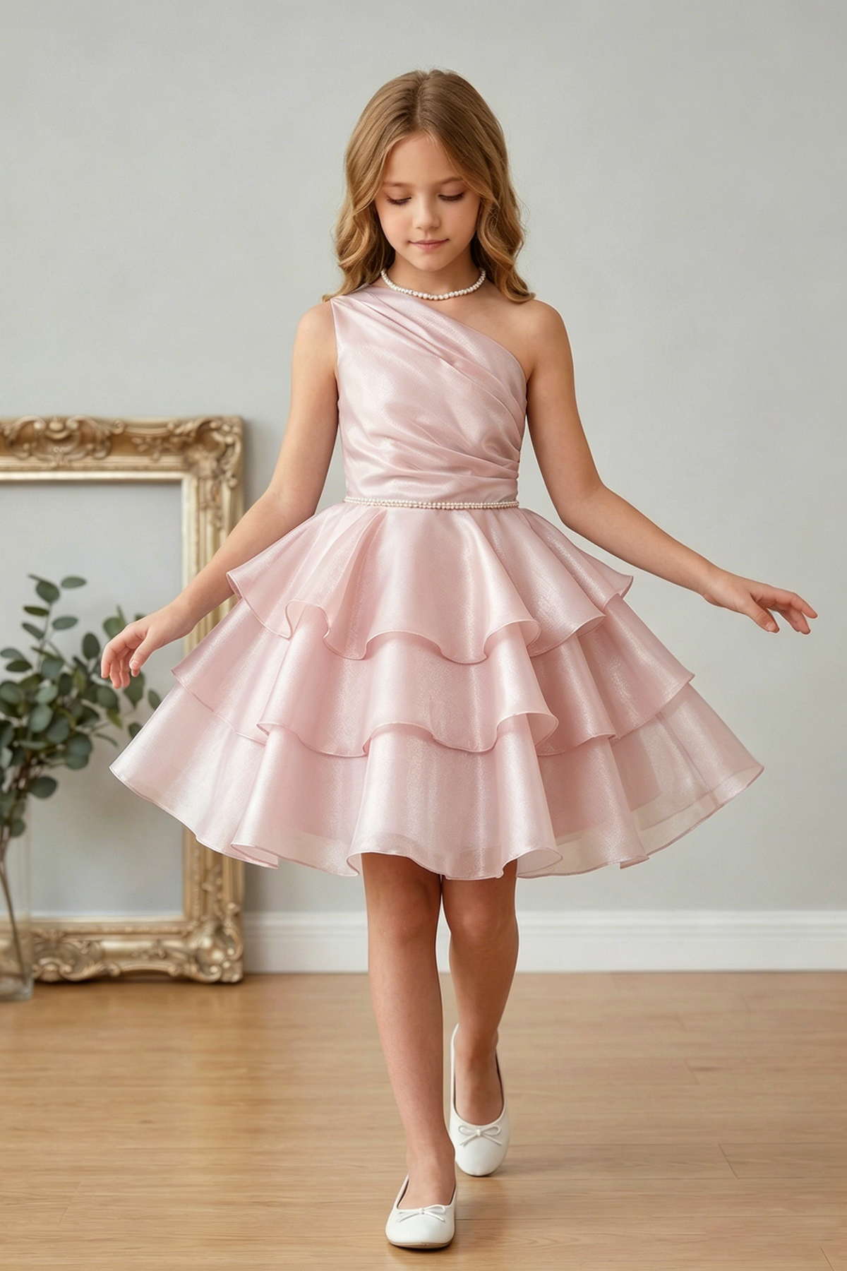 Pink Organza Pearl One-Shoulder Fitted Waist Dress