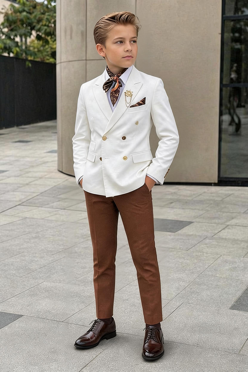 Boys White Double-Breasted Blazer & Brown Trousers 2-Piece Suit