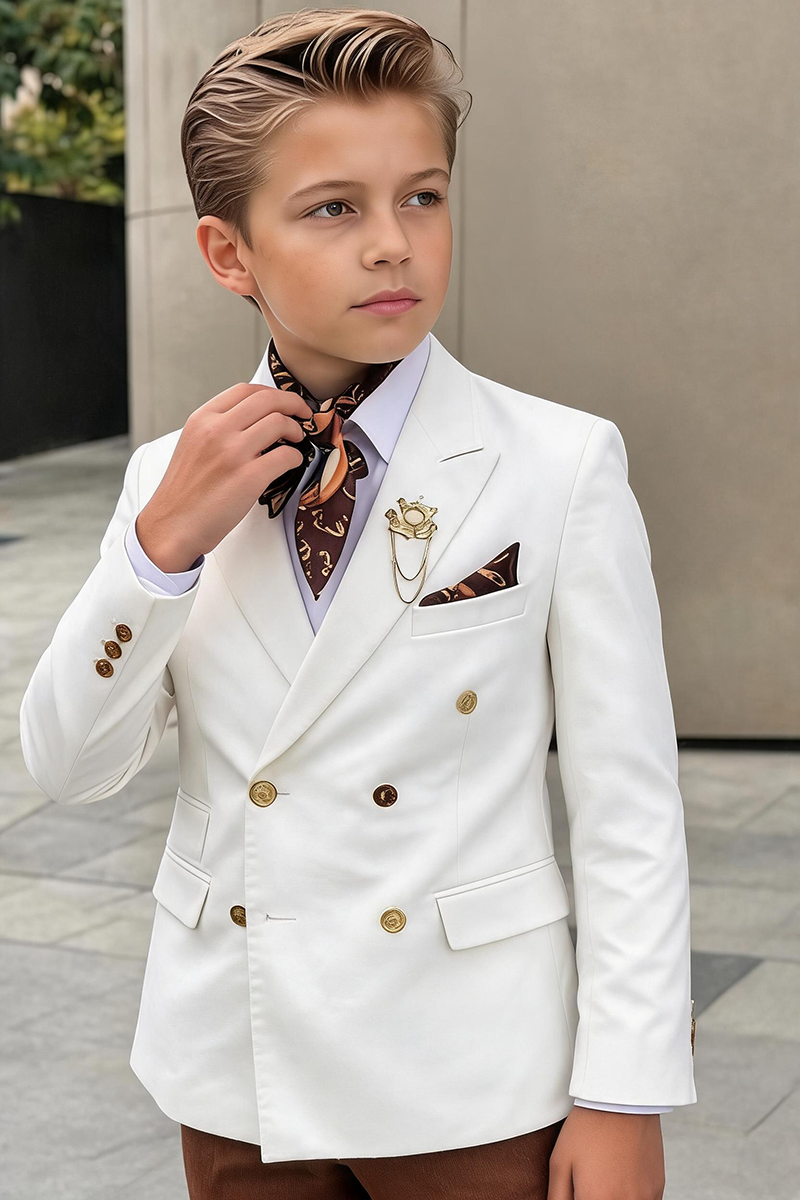 Boys White Double-Breasted Blazer & Brown Trousers 2-Piece Suit