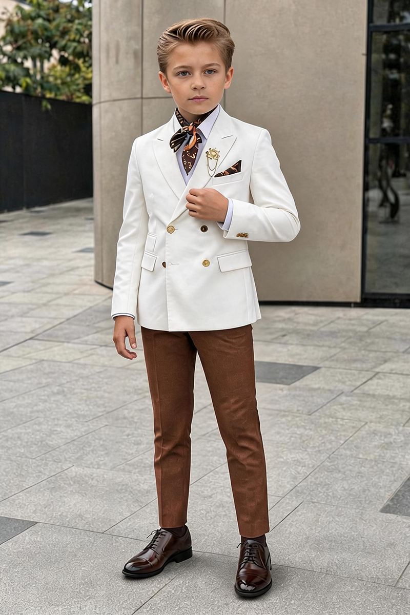 Boys White Double-Breasted Blazer & Brown Trousers 2-Piece Suit