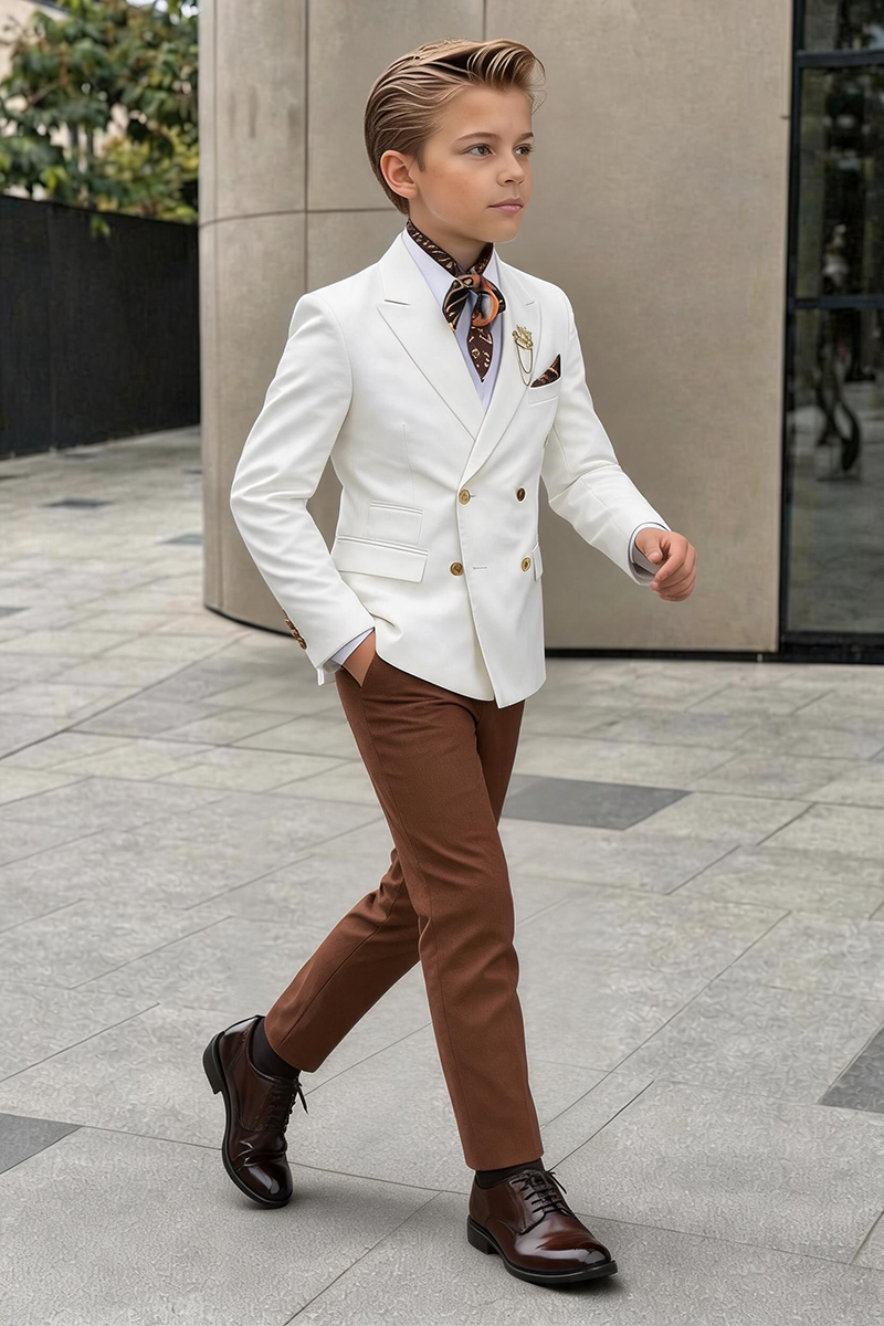 Boys White Double-Breasted Blazer & Brown Trousers 2-Piece Suit