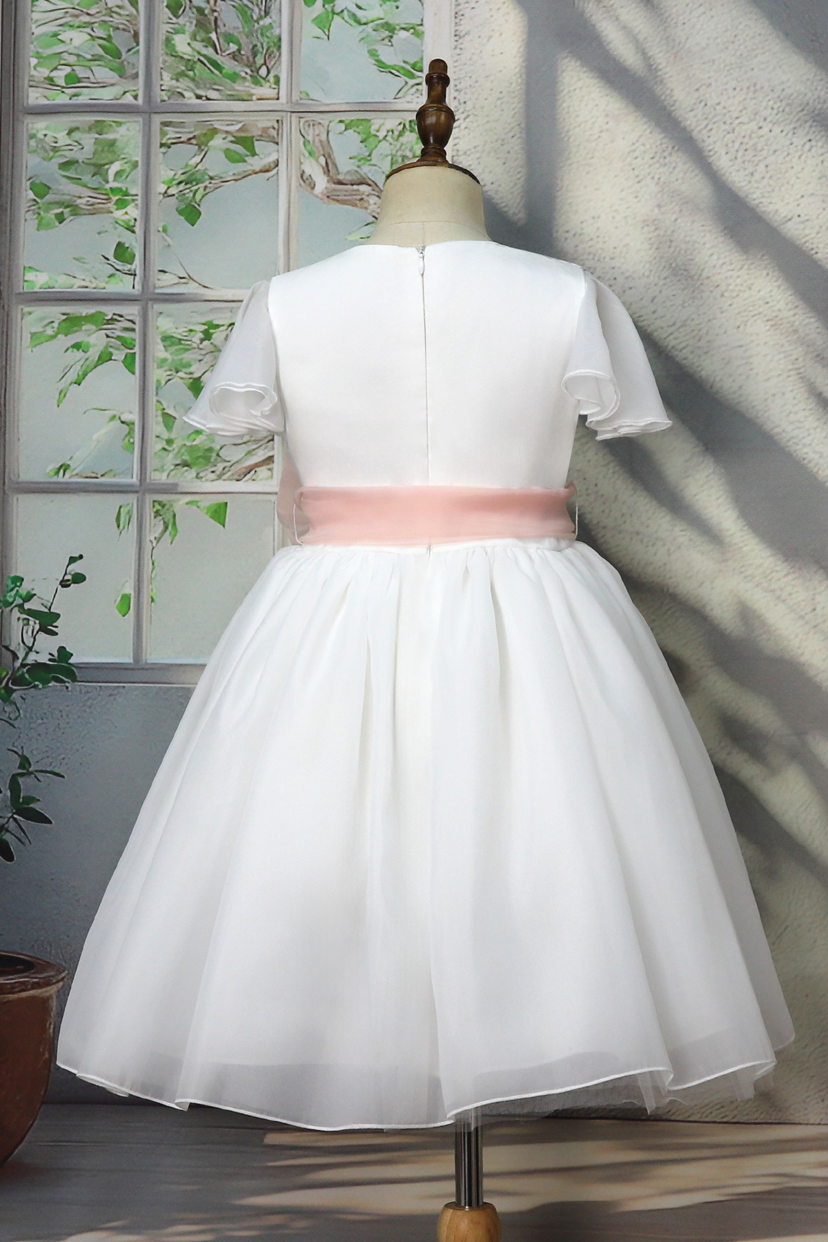 White Chiffon Pink Waist A-Line Dress