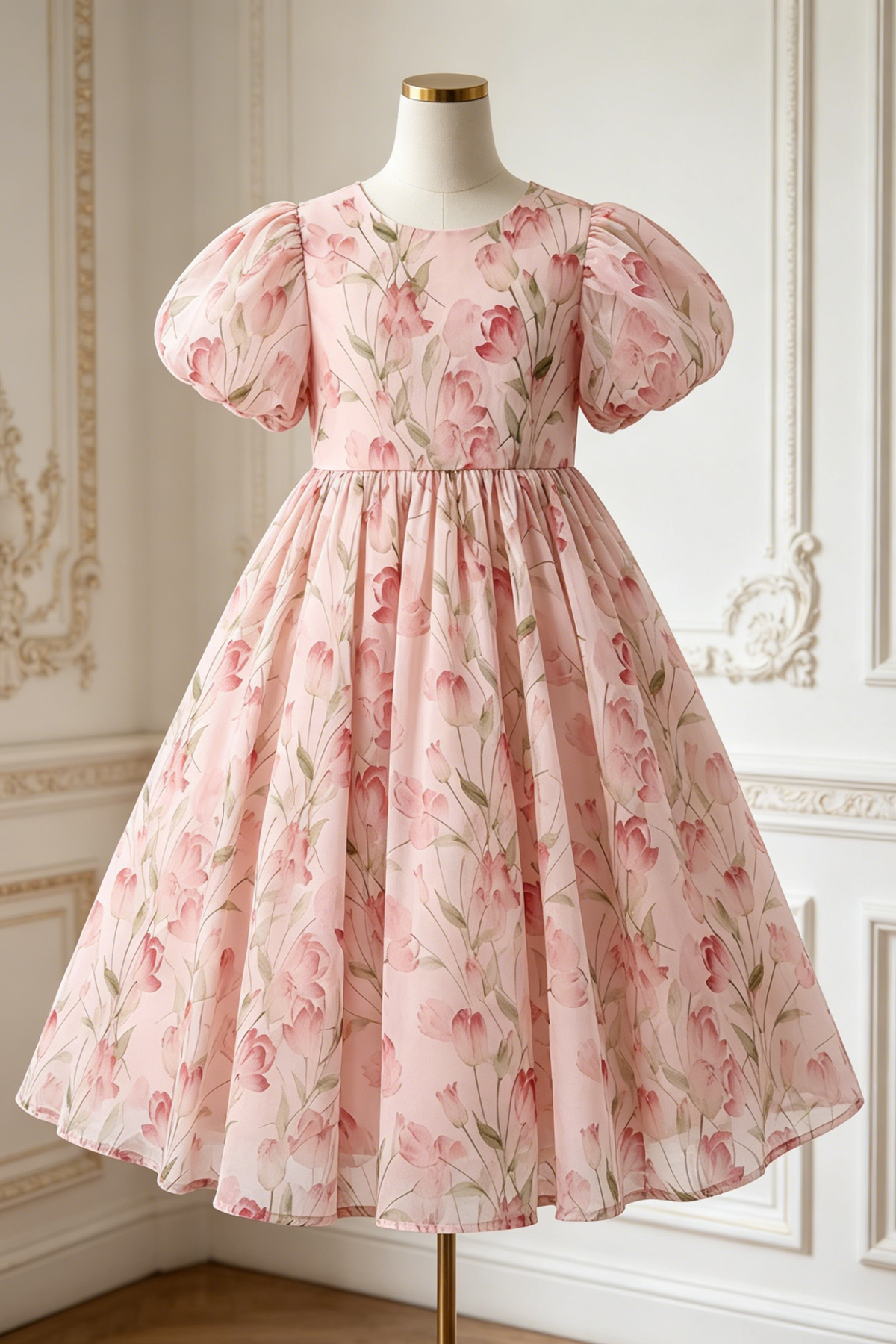 Pink Chiffon Floral Print A-Line Dress