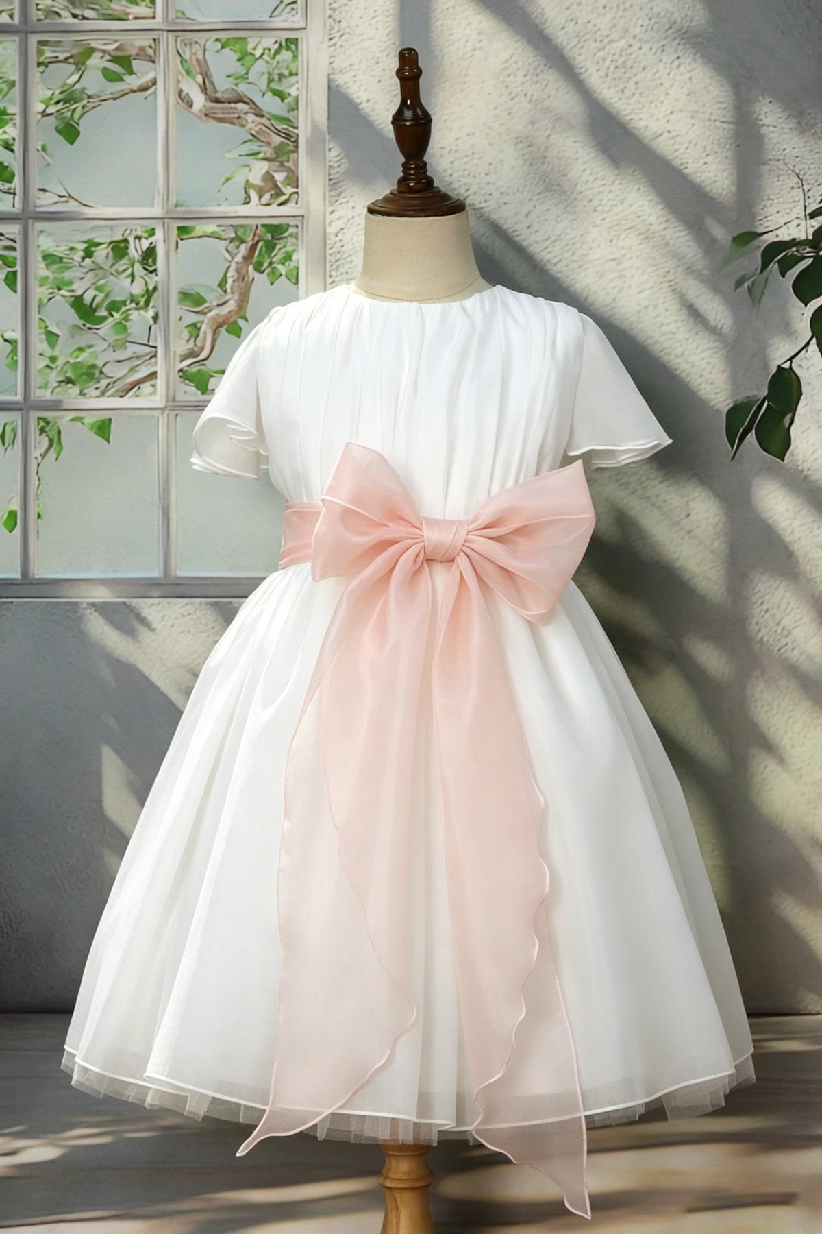 White Chiffon Pink Waist A-Line Dress