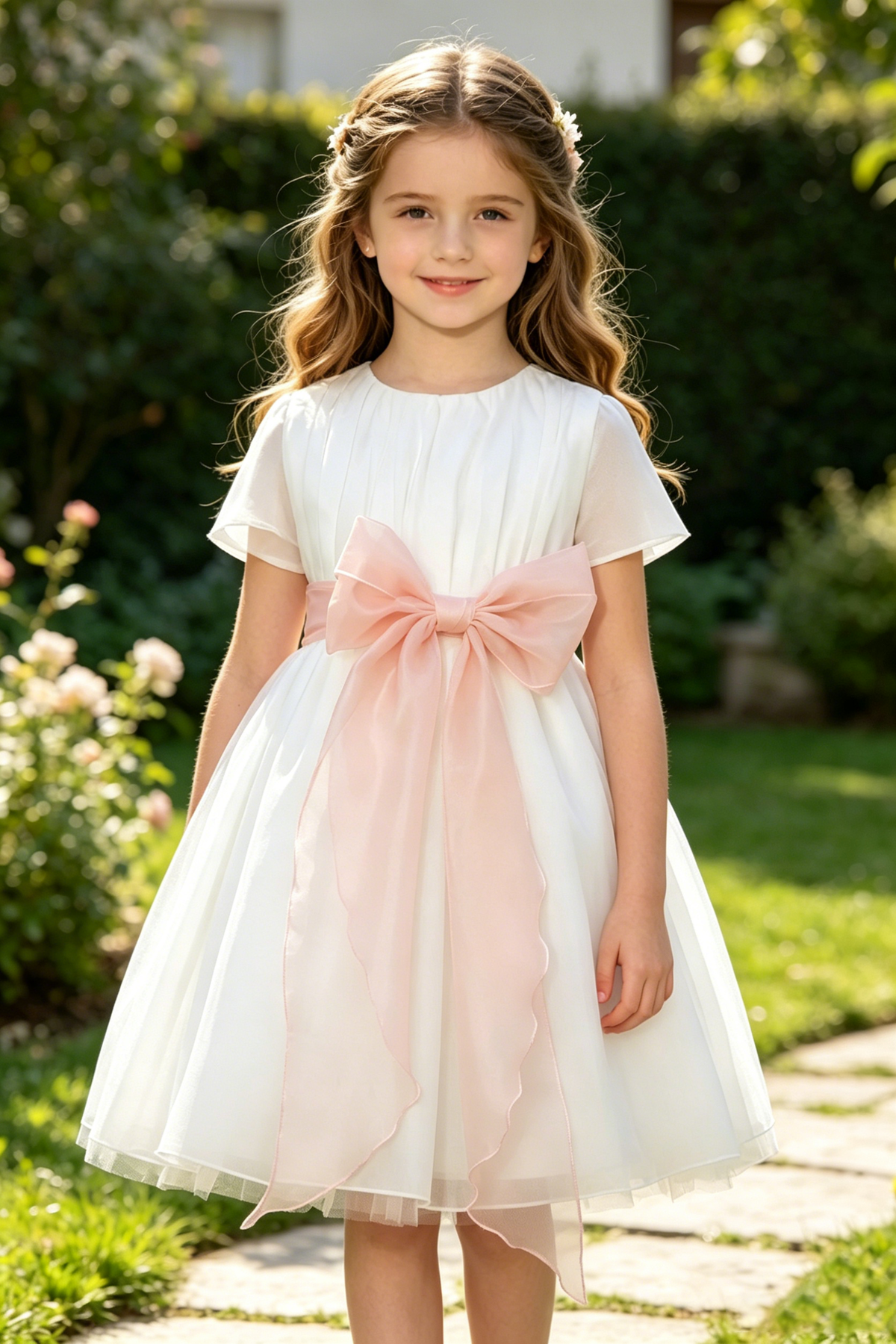White Chiffon Pink Waist A-Line Dress
