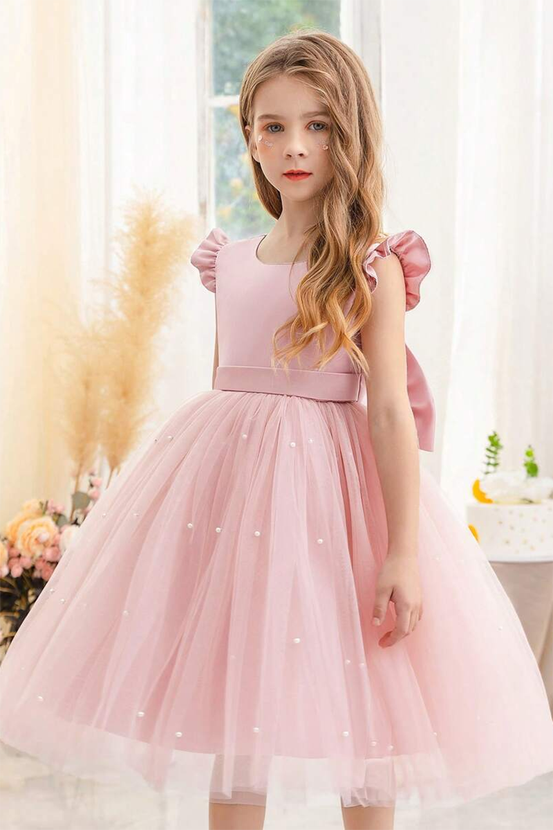 Girls Blush Pink Tulle Flower Girl Dress with Bow for Weddings