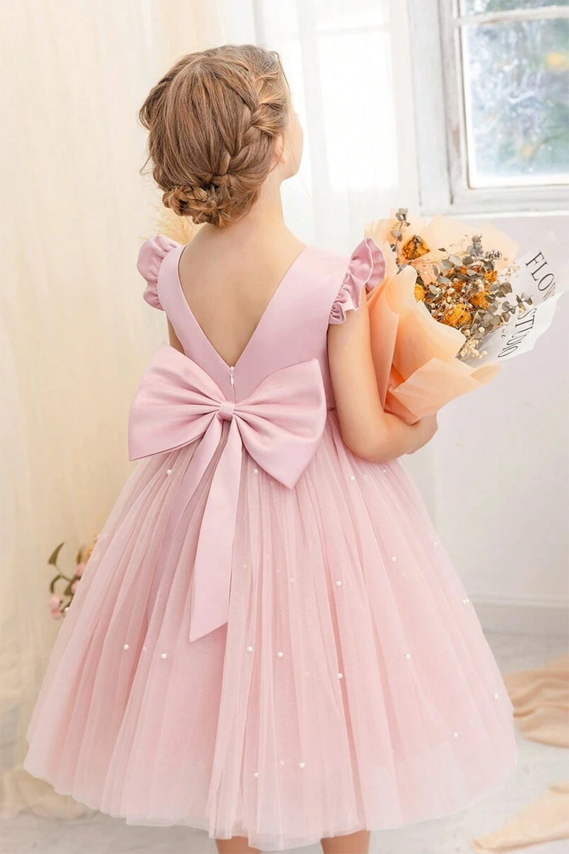 Girls Blush Pink Tulle Flower Girl Dress with Bow for Weddings