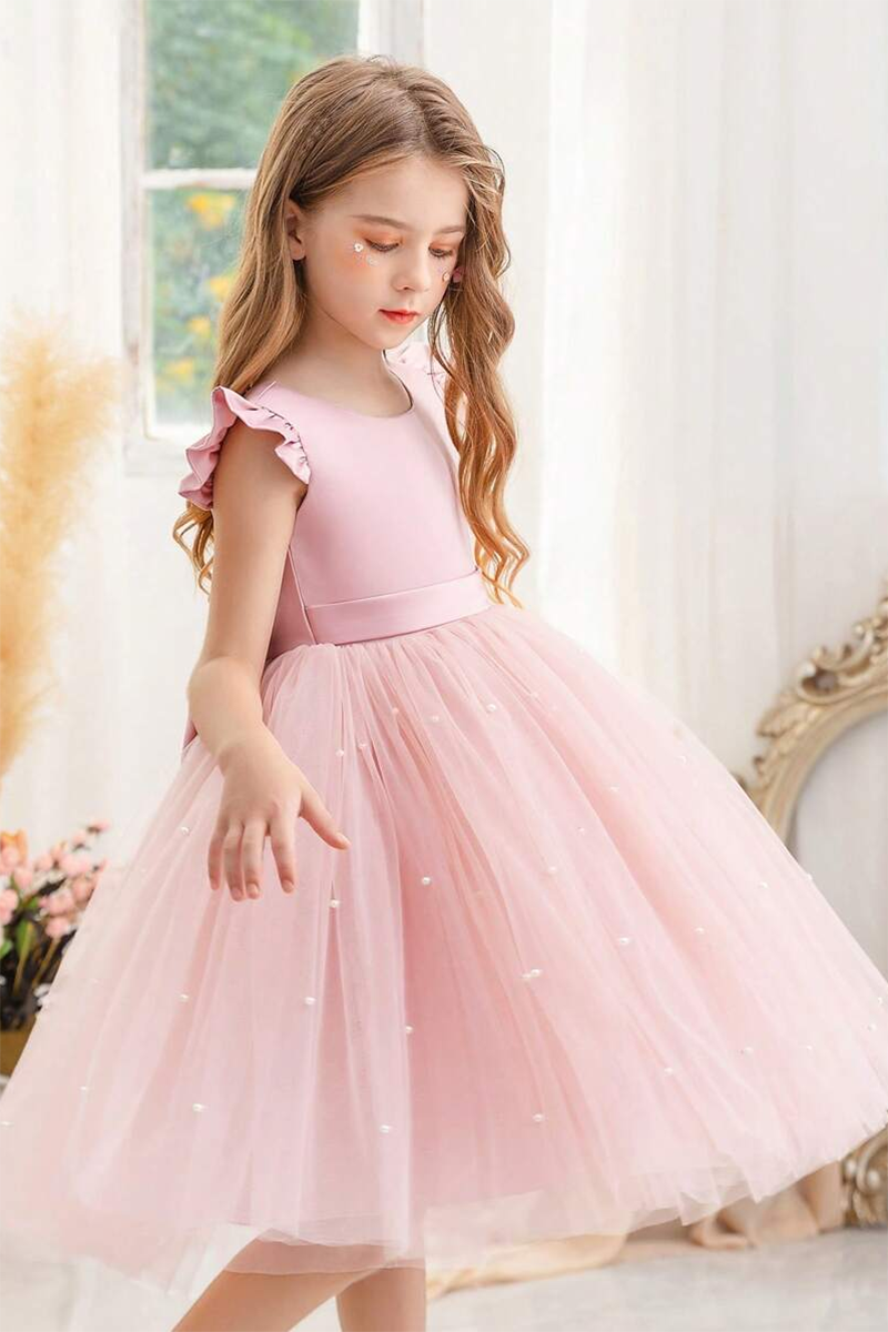 Girls Blush Pink Tulle Flower Girl Dress with Bow for Weddings