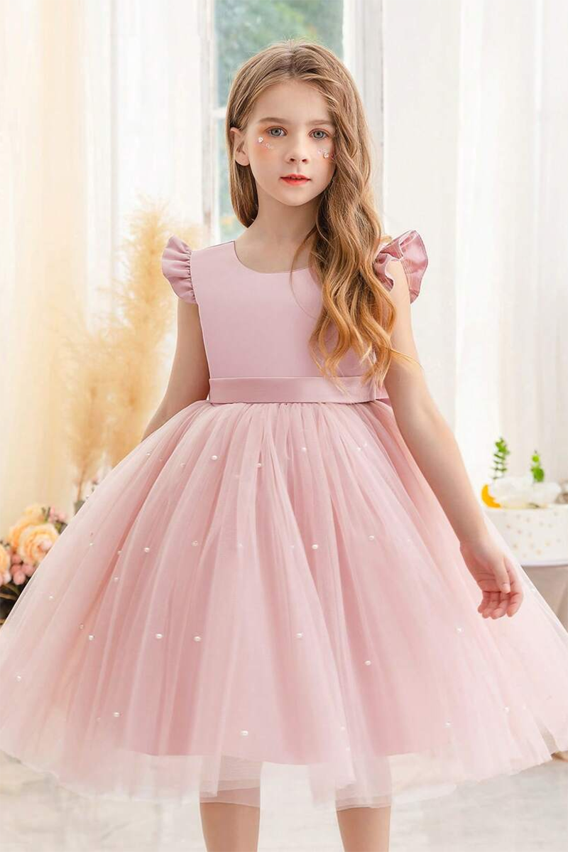 Girls Blush Pink Tulle Flower Girl Dress with Bow for Weddings