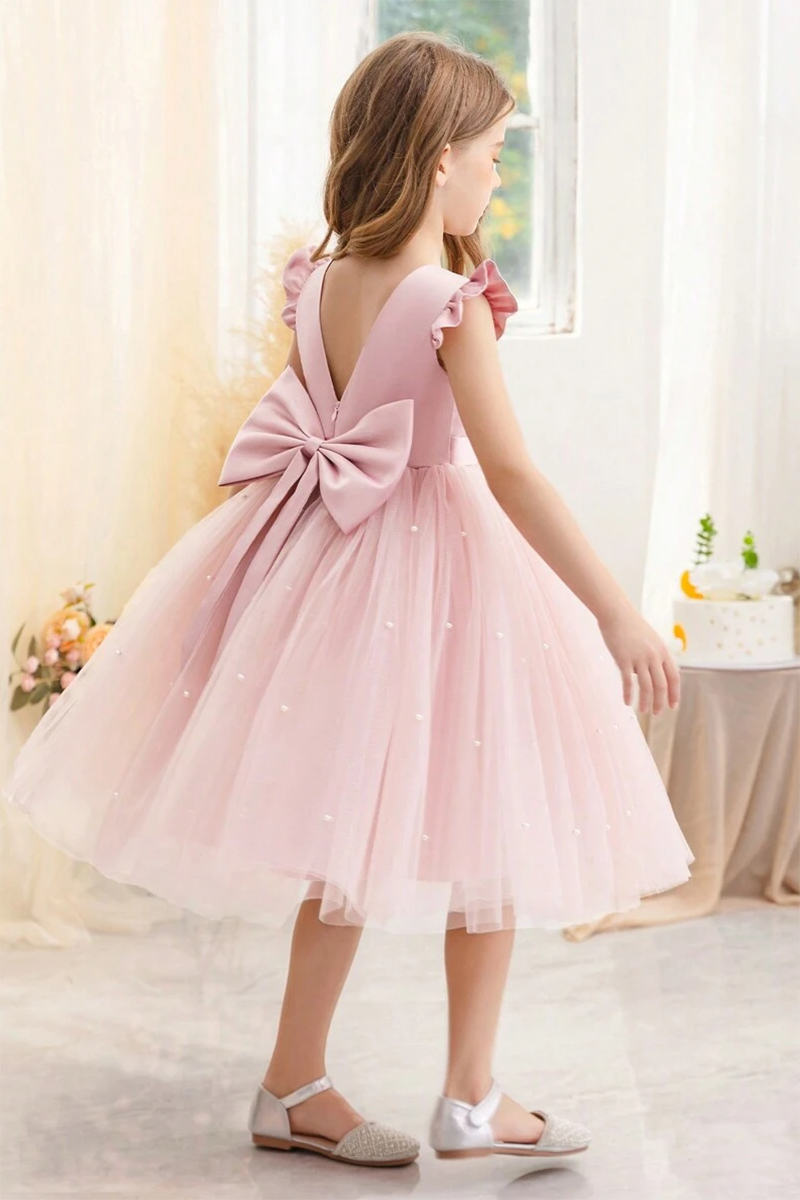 Girls Blush Pink Tulle Flower Girl Dress with Bow for Weddings