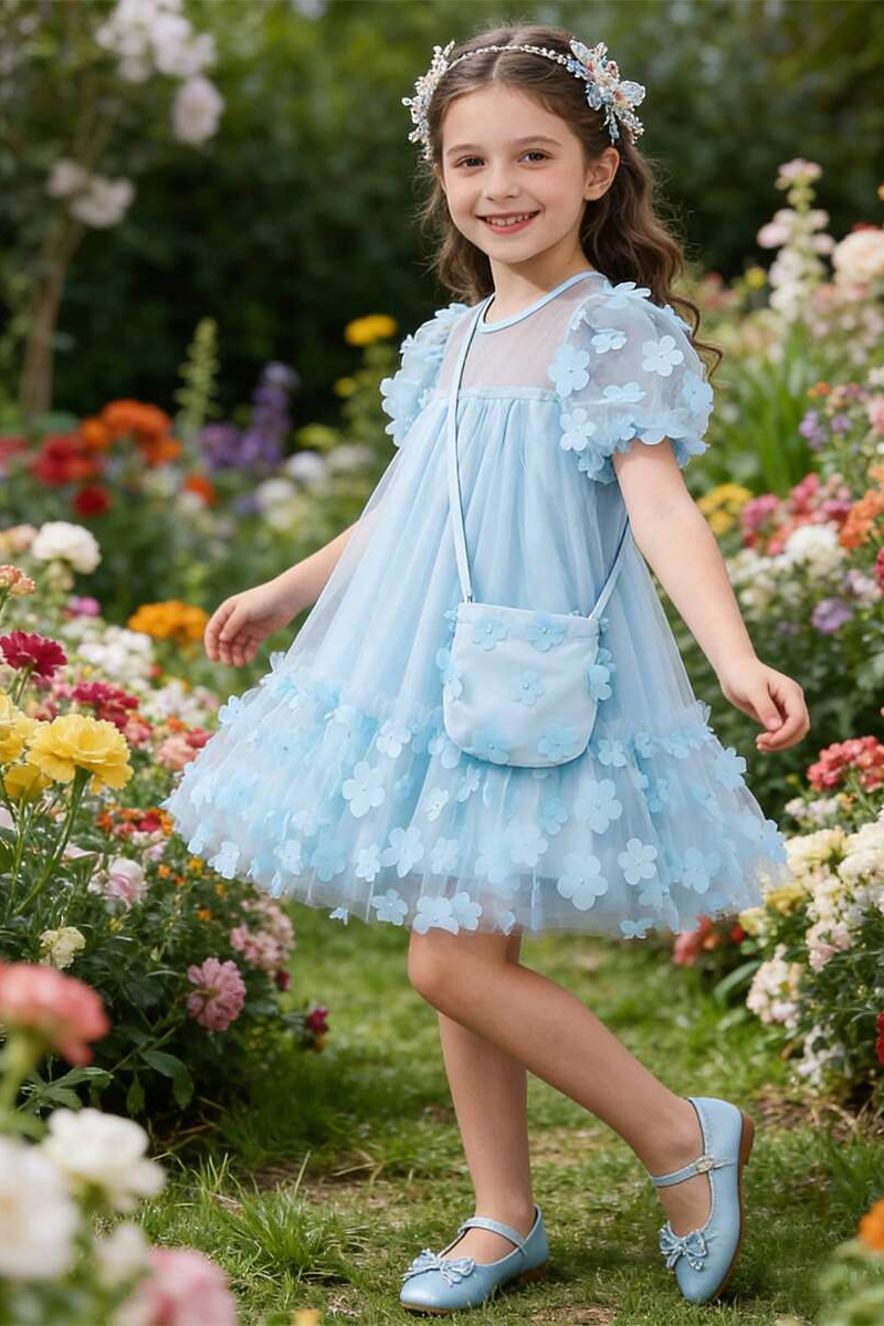Girls Light Blue Tulle Flower Applique Dress