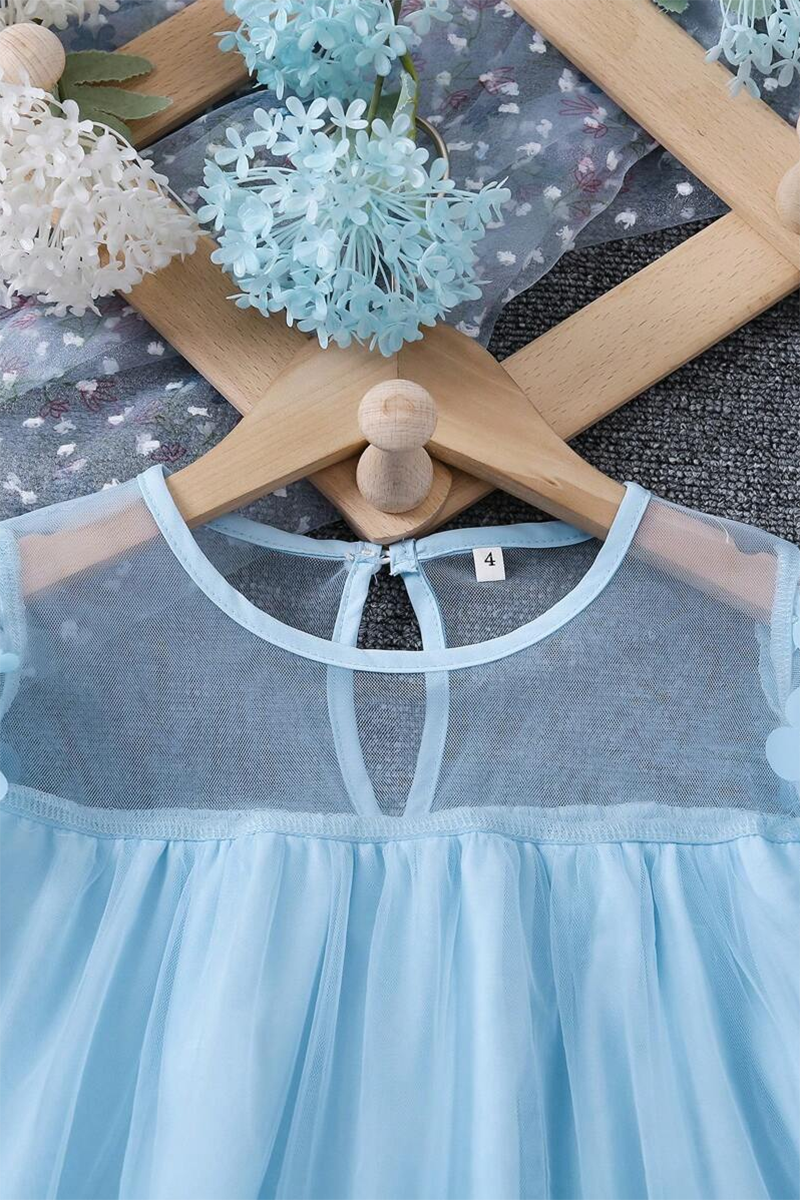 Girls Light Blue Tulle Flower Applique Dress