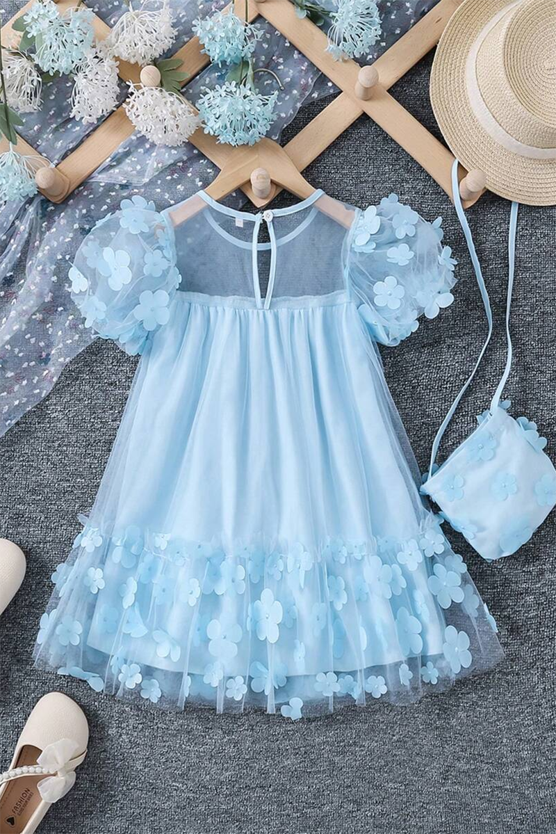 Girls Light Blue Tulle Flower Applique Dress