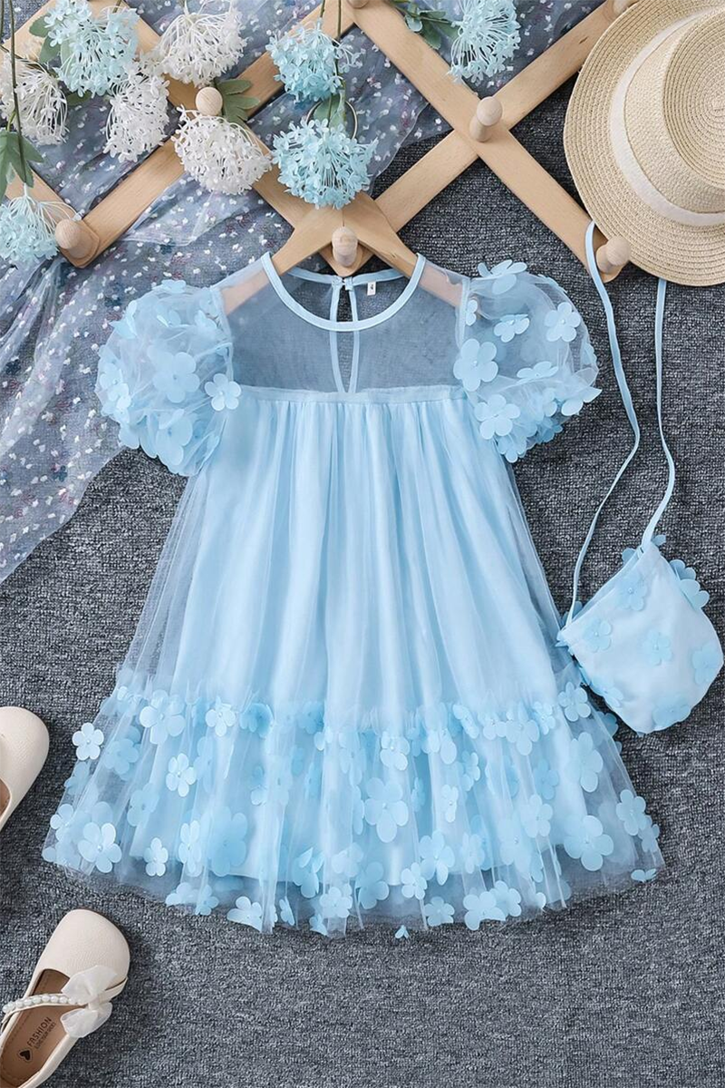 Girls Light Blue Tulle Flower Applique Dress