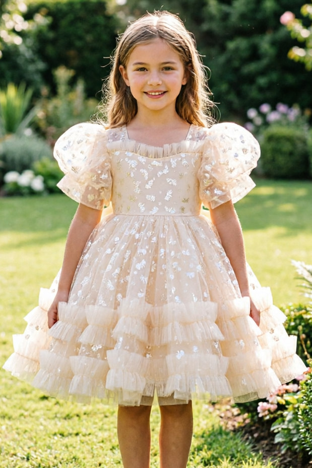 Champagne-Colored Round Neck Bow Print Mesh Cake Dress