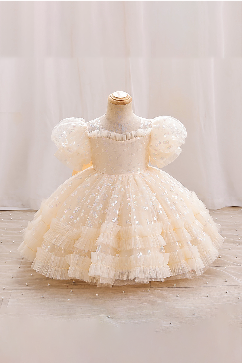 Champagne-Colored Round Neck Bow Print Mesh Cake Dress