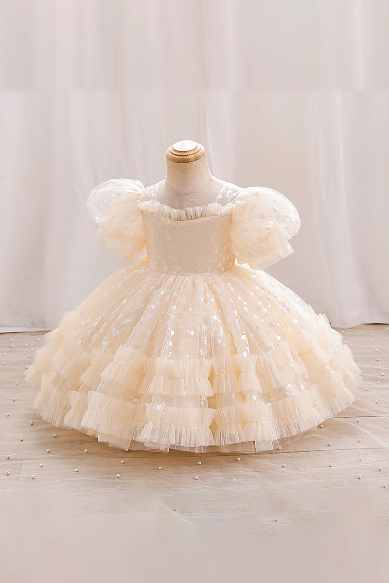 Champagne-Colored Round Neck Bow Print Mesh Cake Dress