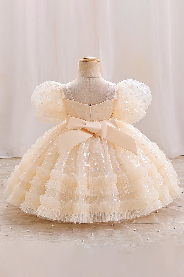 Champagne-Colored Round Neck Bow Print Mesh Cake Dress