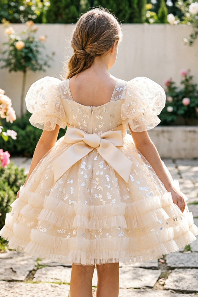 Champagne-Colored Round Neck Bow Print Mesh Cake Dress