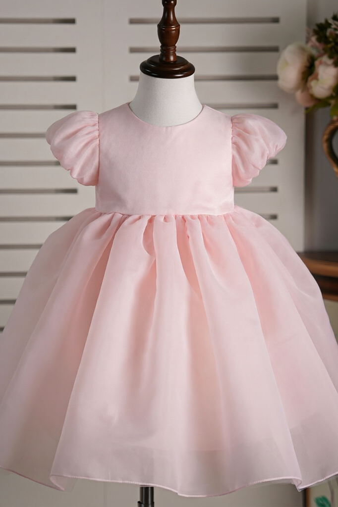 Pink Round Neck Chiffon Puff Sleeve Cake Dress
