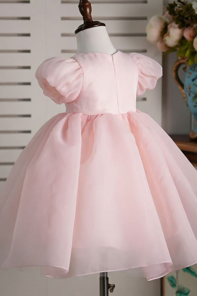 Pink Round Neck Chiffon Puff Sleeve Cake Dress