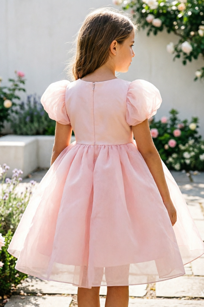 Pink Round Neck Chiffon Puff Sleeve Cake Dress