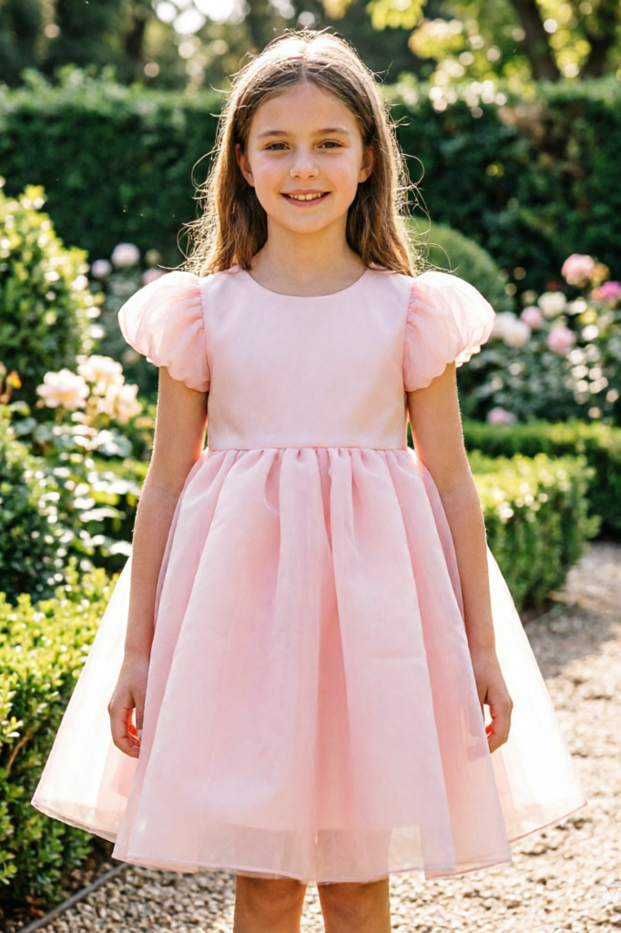 Pink Round Neck Chiffon Puff Sleeve Cake Dress