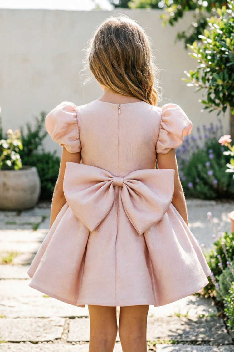 Light Pink Round Neck Satin Puff Sleeve Bow Cake Dress