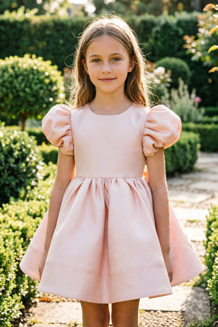 Light Pink Round Neck Satin Puff Sleeve Bow Cake Dress