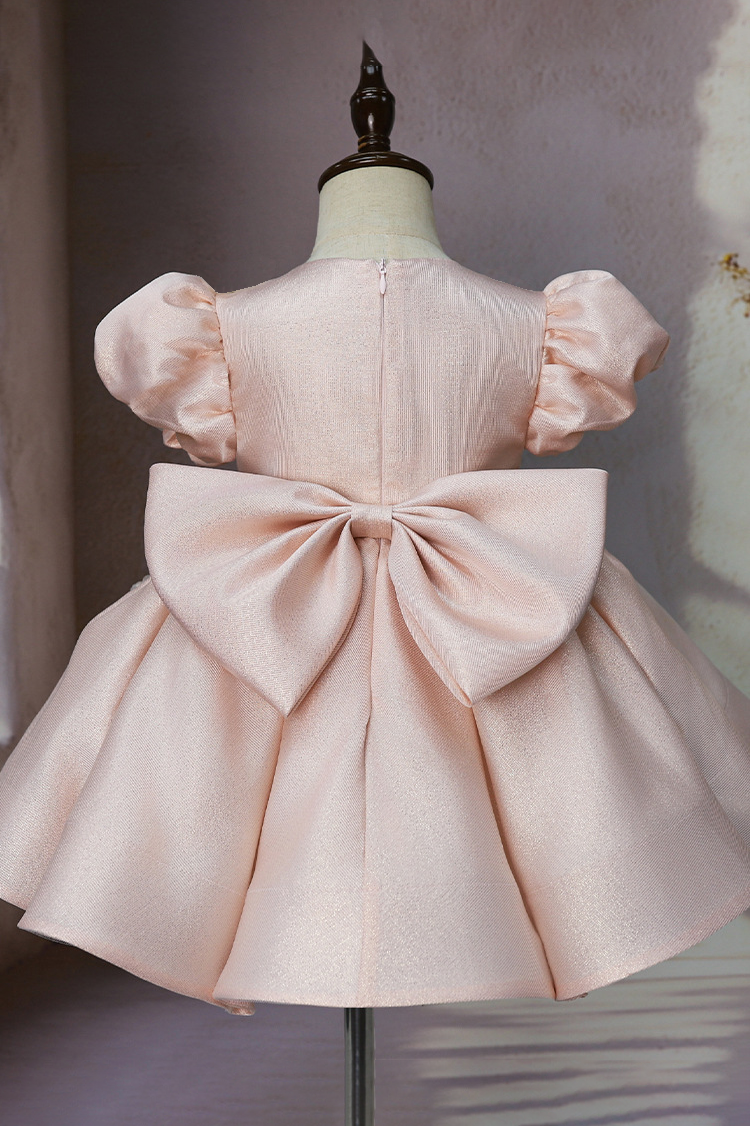 Light Pink Round Neck Satin Puff Sleeve Bow Cake Dress