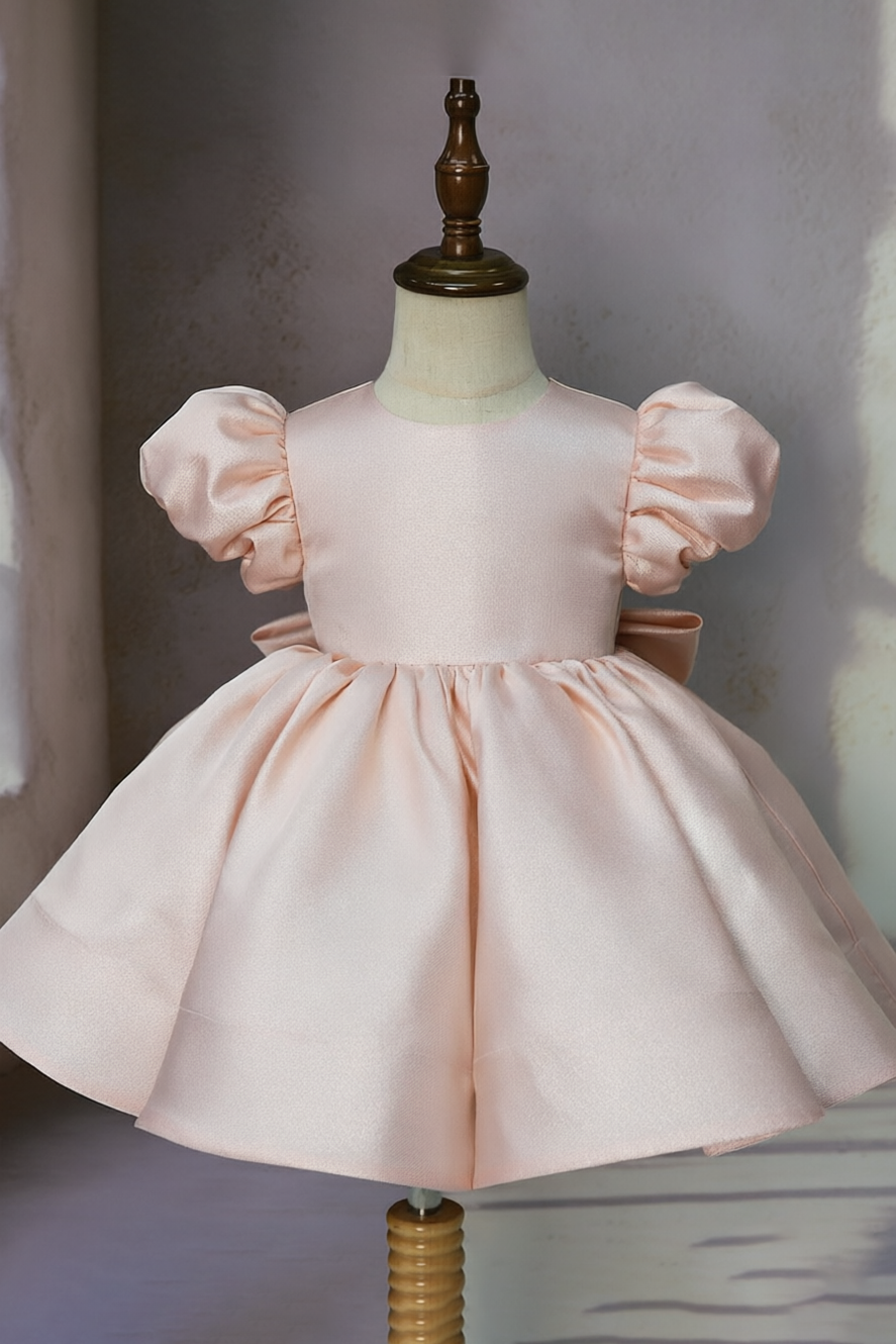 Light Pink Round Neck Satin Puff Sleeve Bow Cake Dress